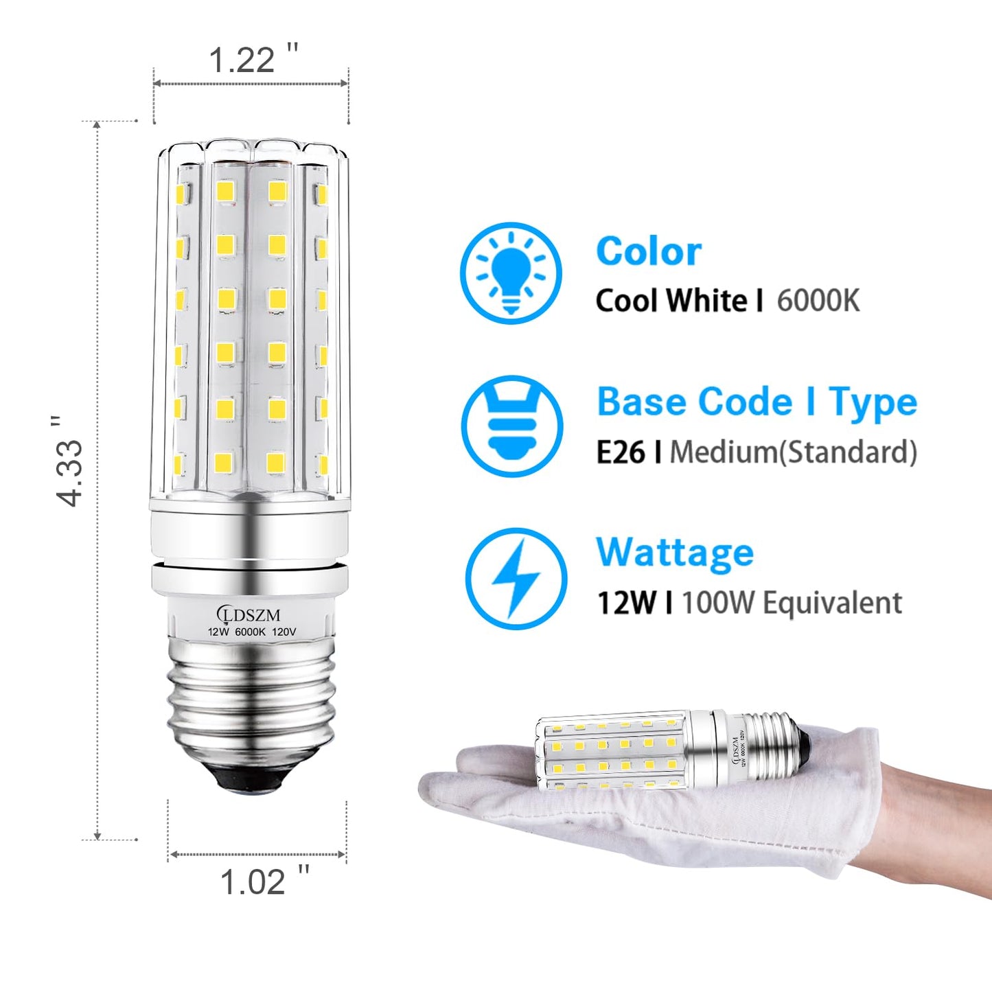 LED Light Bulb,100 Watt Equivalent 1200lm LED Bulb, 6000K Daylight LED Corn Light Bulb,12W Non-Dimmable LED Bulbs, E26/E27 Medium Base Ceiling Fan LED Corn Light Bulbs,4-Pack