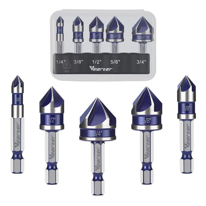 Vearter Countersink Drill Bit Set 1/4'' to 3/4'', 5PCS HSS 5-Flute Chamfer Bits with 1/4" Hex Shank Quick Change & Clear Storage Case, Woodworking Tools for Metal, Wood, Plastic
