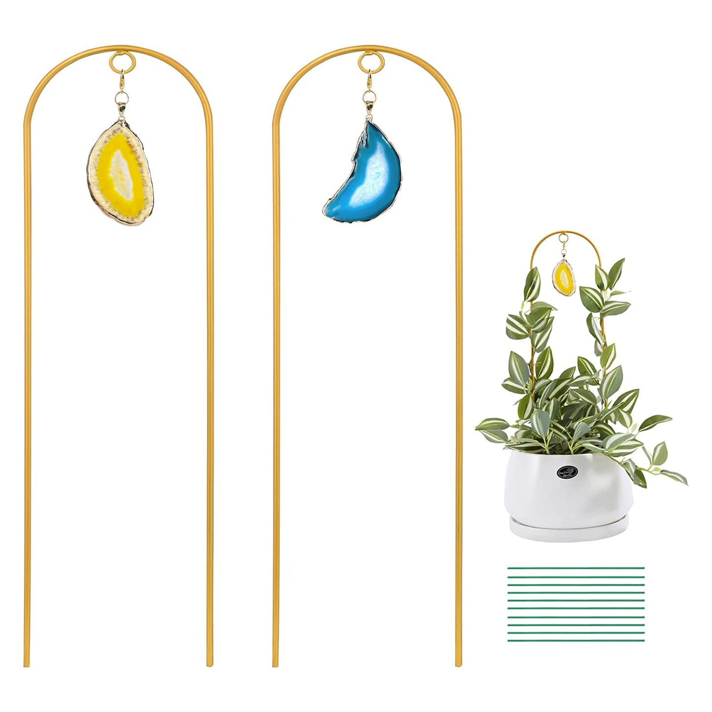 Ceiner 2PCS Small Gold Trellis for Climbing Plants Indoor, Mini Metal Houseplant Climber Support for Potted Plants, Boho Decorative Pot Lattice with Agate for Hoya, Pothos, Ivy, Philodendron