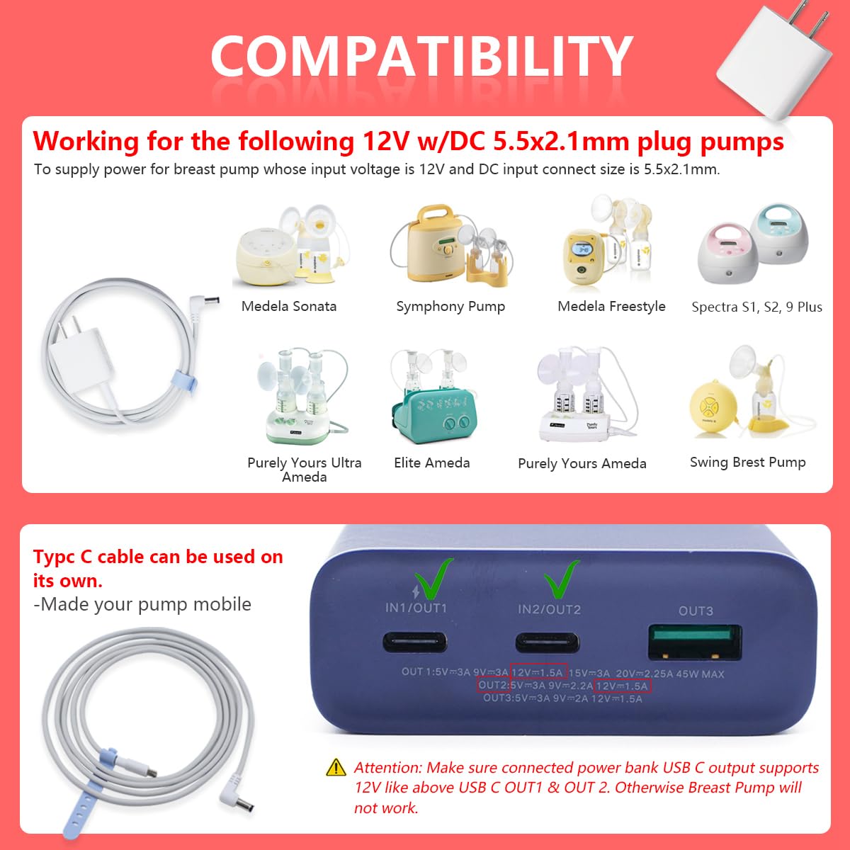 Wamlet USB C Charger for Medela Sonata, Pump-in-Style, Spectra S1 S2, Ameda, Lactina Hygeia - 6.6ft AC Charger Cable
