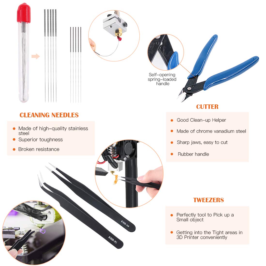 Rustark 34 Piece 3D Printer Accessories Tool Kit Cleaning Needles, Tweezers, Pliers, Scarper, Clean up Knives, Carving Knife Come with Storage Case for Printing Removing, Cleaning, Finishing