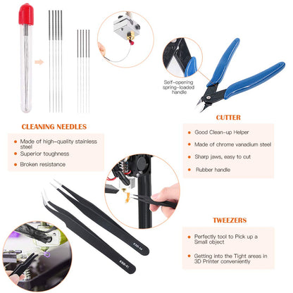 Rustark 34 Piece 3D Printer Accessories Tool Kit Cleaning Needles, Tweezers, Pliers, Scarper, Clean up Knives, Carving Knife Come with Storage Case for Printing Removing, Cleaning, Finishing