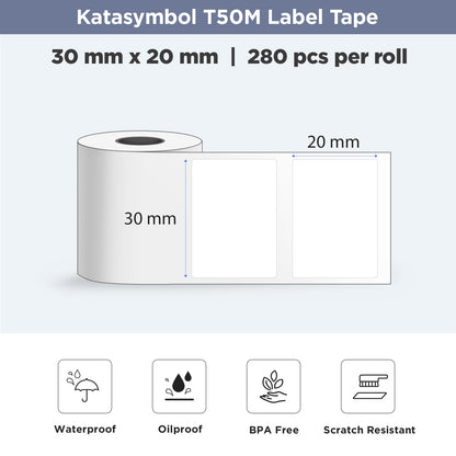 SUPVAN T50M Series Label Maker Tape, 4 Rolls 30mm x 20mm 360 Labels/Roll Genuine Laminated Thermal Label Tape Refill, Waterproof Oilproof Highly Adhesive Auto Detect Labels, Black on White