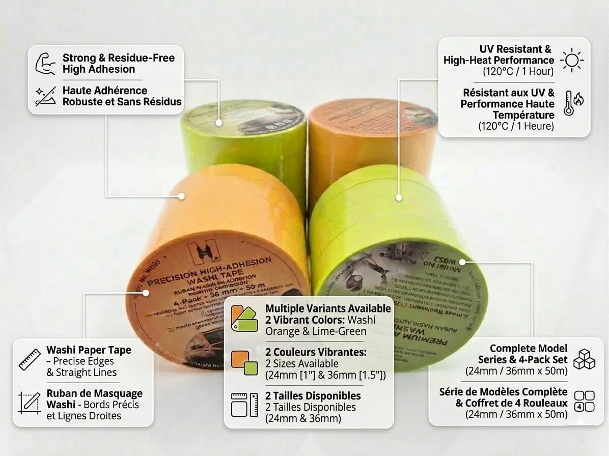 Premium Washi Masking Tape – UV & Heat Resistant, No‑Bleed, High Adhesion for Painting, Automotive, Spray Applications – Water Resistant, Clean Removal – Multiple Sizes & Colours (4, Green, 36mmx50m)