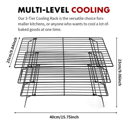 PowerKing 3 Tier Cooling Rack, Foldable Non-Stick Stainless Steel Wire Cake Rack for Pies, Cookies, Pastries, Home Baking, Birthday Party, Wedding Party 15.7'' x 10'' (Black 3 Tier)