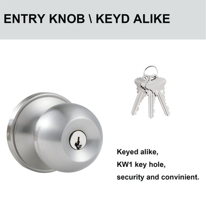 Comfhouse 2 Pack Stainless Steel Round Ball Entry Door Knob, Keyed-Alike Entrance Interior/Exterior Door Knob with Lock for Bedroom Bathroom, Front Entry Door Knobs with Lock Same Key, Satin Nickel