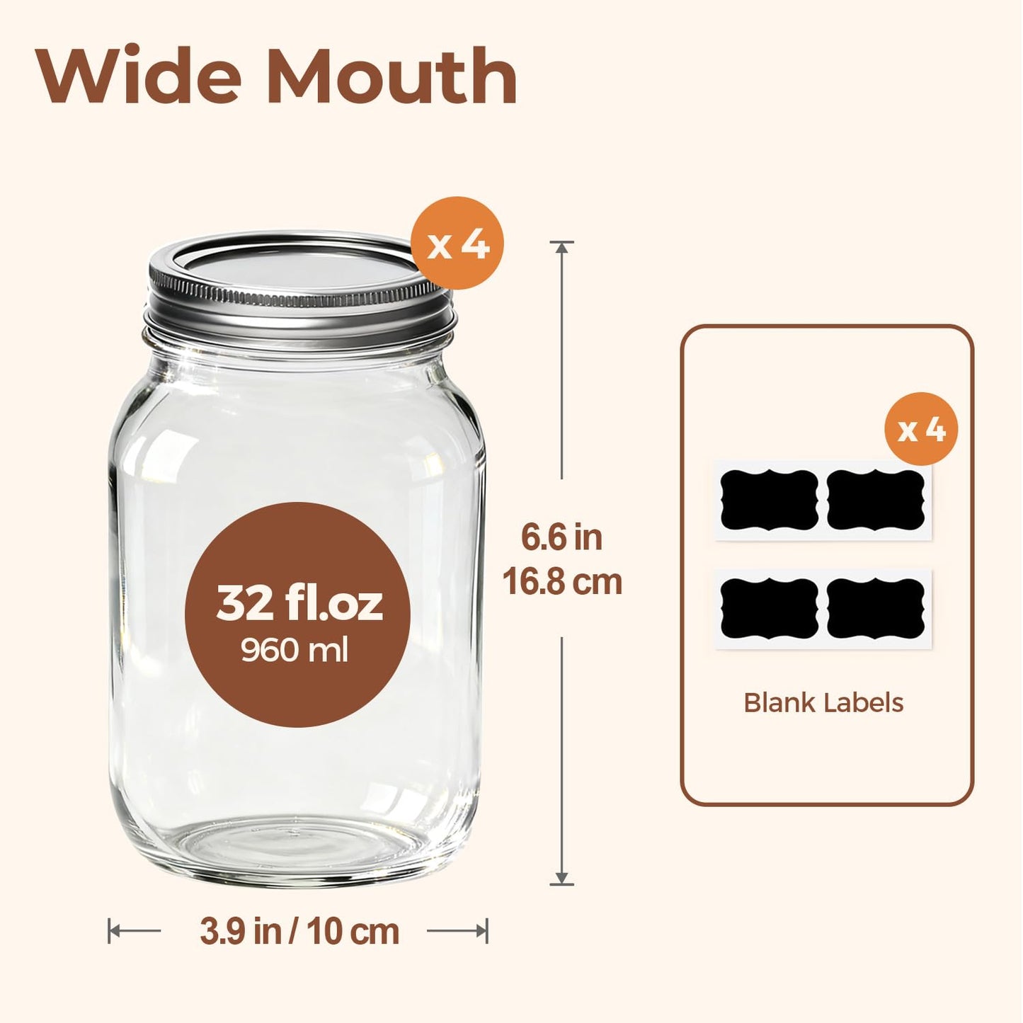 ComSaf Mason Jars 32 oz - 4 Pack, Wide Mouth Mason Containers with Lids, Prep Meal Glass Jars, Canning Jars for Pickling, Suntea, Salad, Honey, Desert, Shower Wedding Favors, DIY Candles Decor