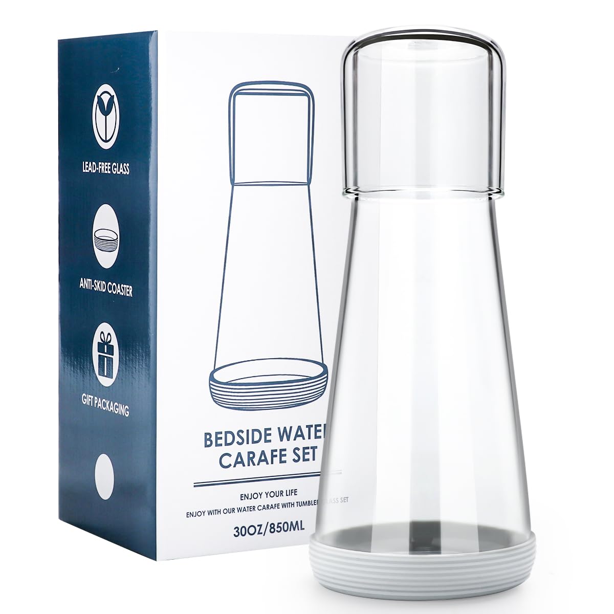 Quyimy Bedside Water Carafe with Glass,Water Carafe Set with Lid Tumbler Glass for Nightstand Bedroom Bath,Night Clear Carafe with Cup & Grey Silicone Coaster Set for Mouthwash,Water,30 oz/850ml