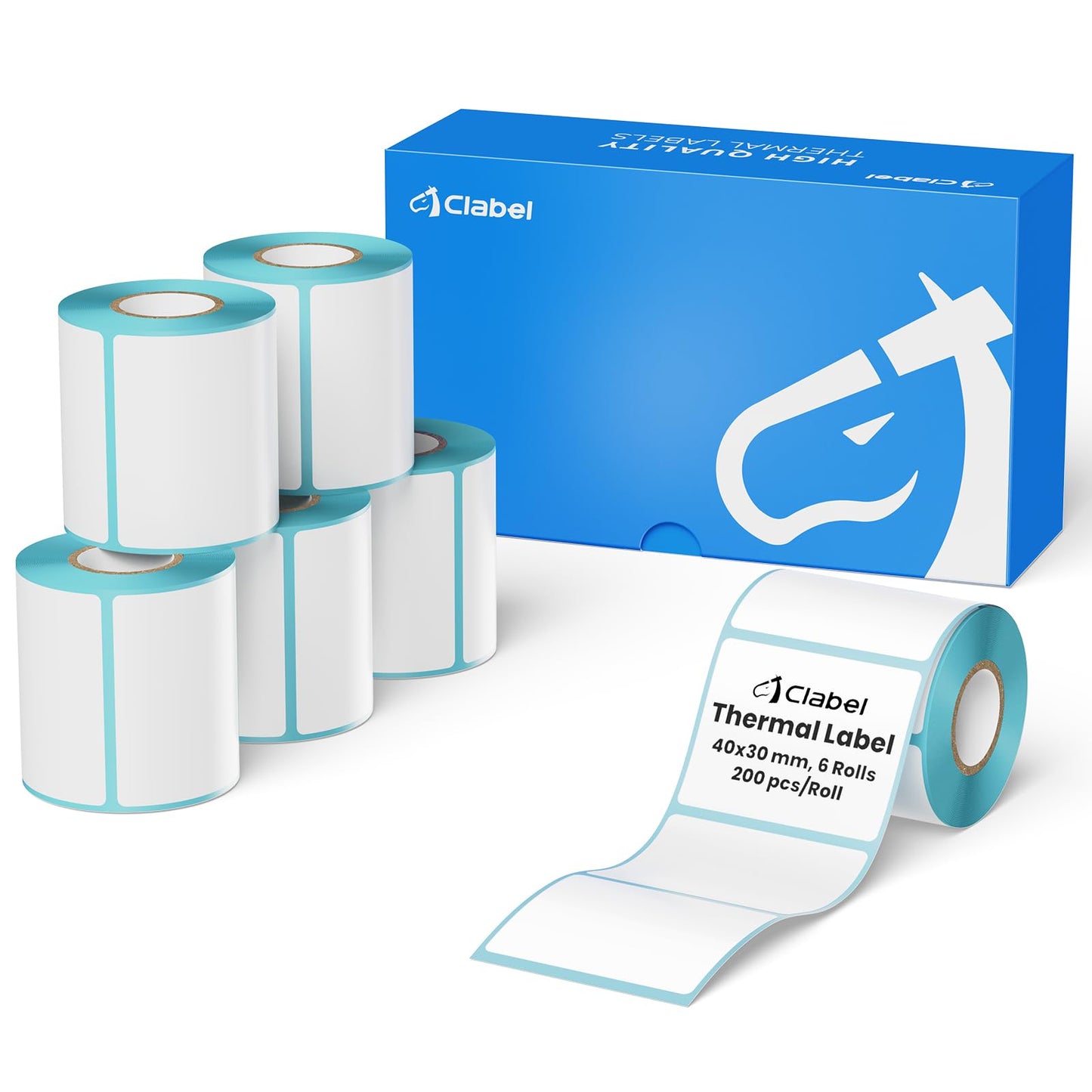 CLABEL Label Maker Tape for 220B/221B/230B Label Maker Thermal Label Roll Label Maker Paper Clear Label Waterproof Sticker Printer Paper (1.57'' x 1.18''(40 x 30mm)) 6 Rolls, Black on White