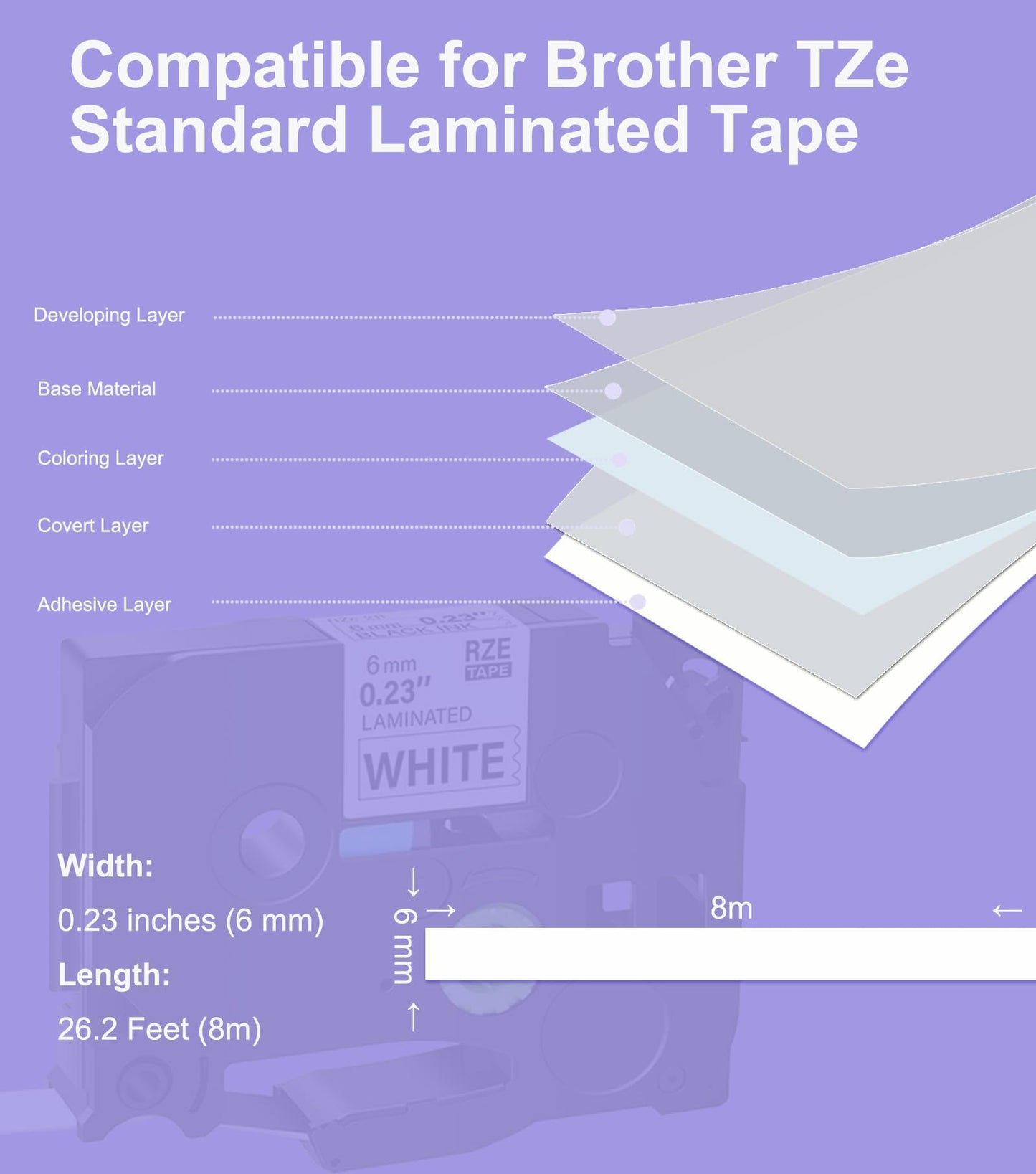 Replacement for Brother P-Touch Label Maker Tape TZe 6mm 0.23 Ribbon Laminated Compatible with Brother P Touch Tze-211 Tze-111 Tze-411 Tze-511 Tze-611 Tze-711,6 Pack