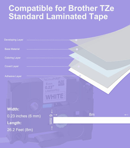 Replacement for Brother P-Touch Label Maker Tape TZe 6mm 0.23 Ribbon Laminated Compatible with Brother P Touch Tze-211 Tze-111 Tze-411 Tze-511 Tze-611 Tze-711,6 Pack