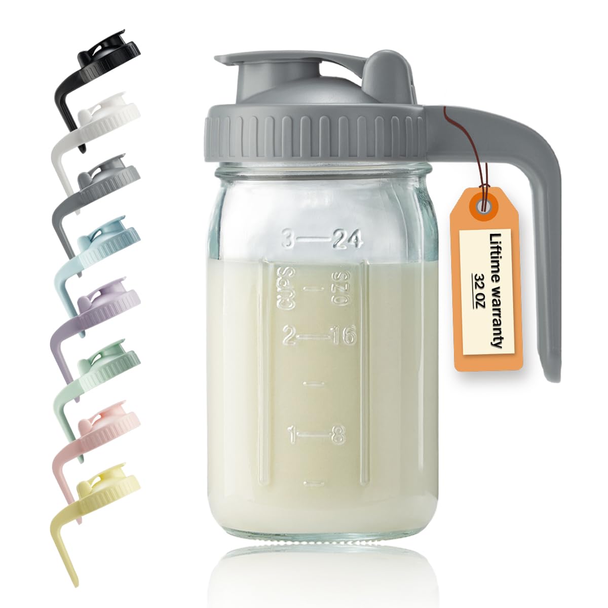 32oz Glass Pitcher with Lid & V-Shaped Pour Spout - 1 Quart Breastmilk Pitcher Double Leak Proof, Creamer Container for Sun Tea, Juice, Cold Brew Coffee, Breastmilk Storage Container