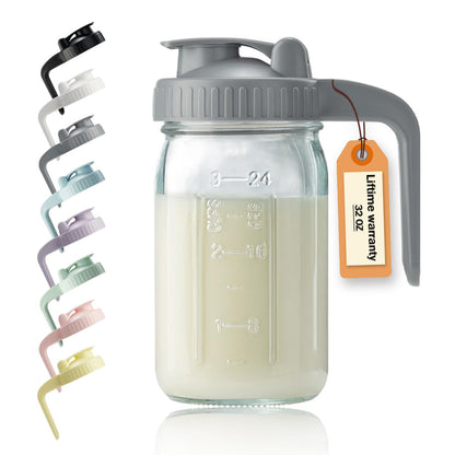 32oz Glass Pitcher with Lid & V-Shaped Pour Spout - 1 Quart Breastmilk Pitcher Double Leak Proof, Creamer Container for Sun Tea, Juice, Cold Brew Coffee, Breastmilk Storage Container