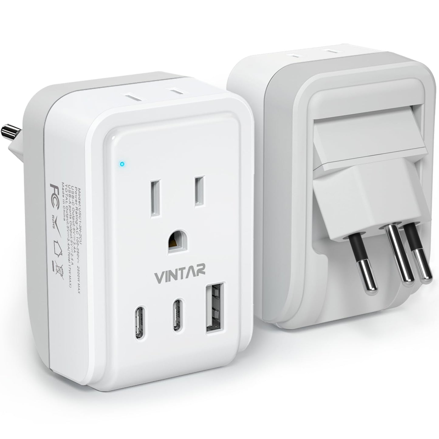 1 Pack Brazil Travel Adapter, VINTAR Foldable Type N Plug Adapter with 2 AC Outlets 3 USB Ports(2 USB C), Brazil Outlet Power Plug for Canada to Brazilian