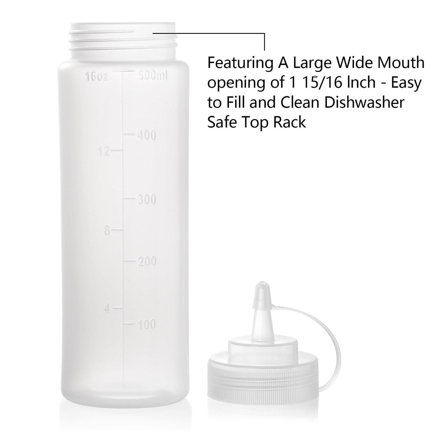 Bekith 12 Pack 16 Oz Plastic Squeeze Condiment Bottles with Twist On Cap Lids and Discrete Measurements, Wide Mouth Empty Squirt Bottle for Sauce, Ketchup, BBQ, Dressing, Paint, Pancake Art Dispenser
