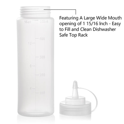 Bekith 12 Pack 16 Oz Plastic Squeeze Condiment Bottles with Twist On Cap Lids and Discrete Measurements, Wide Mouth Empty Squirt Bottle for Sauce, Ketchup, BBQ, Dressing, Paint, Pancake Art Dispenser