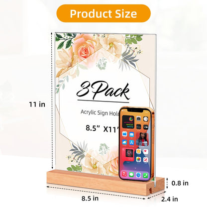 Acrylic Sign Holder 8.5x11, Clear Table Display Stand With Wooden Base, L Shape Slant Back Design Acrylic Frame Plastic Paper Menu Holder Detachable Base Flyer Holder for Office Store Home-3Pack