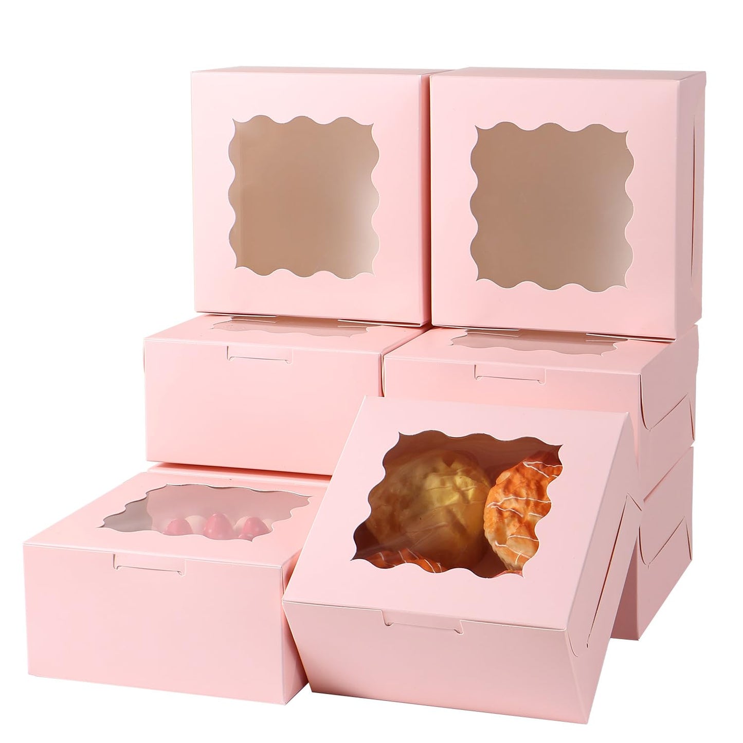 PFAMKEER 36 pcs 6x6x3 Inches Small Cake Box with Window, Bakery Pastry Cookie Boxes, Mini Pie for Pastry,Dessert,Strawberries,Chocolates, Cupcakes with paper stickers (Pink)