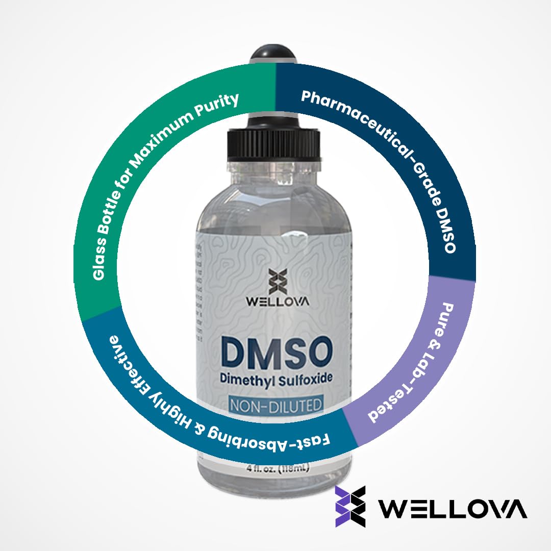 Wellova DMSO 99.9% Pharmaceutical Grade with 99.9% Purity & Low Odor - 4oz (Dimethyl Sulfoxide) Clear Glass Bottle with Dropper