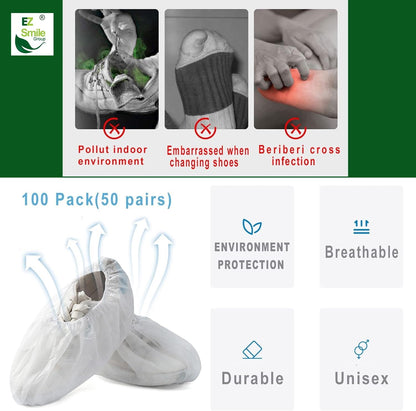 EZ Shoe Covers Disposable Non-Slip, 100Pcs/Pack(50 Pairs) Disposable Boot Cover for Indoors - Outdoors Recyclable Covers Fits Most Shoes (White)