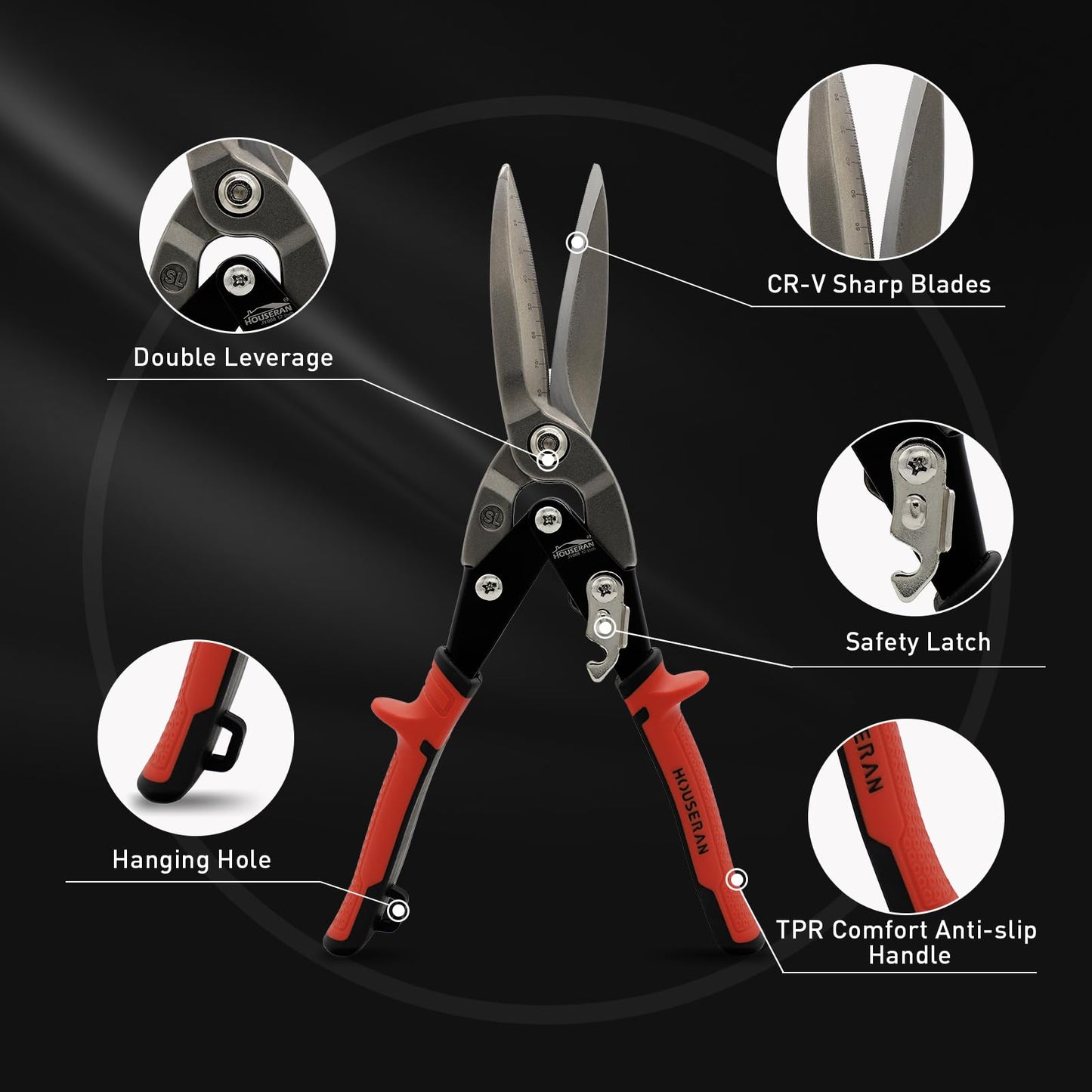 HOUSERAN 12 Inch Aviation Snips, Long Straight Cut Tin Snips, Heavy Duty CR-MO Metal Cutter with Double Lever, Scale Markings & Safety Lock, Shears Scissors for Cutting Metal Sheet