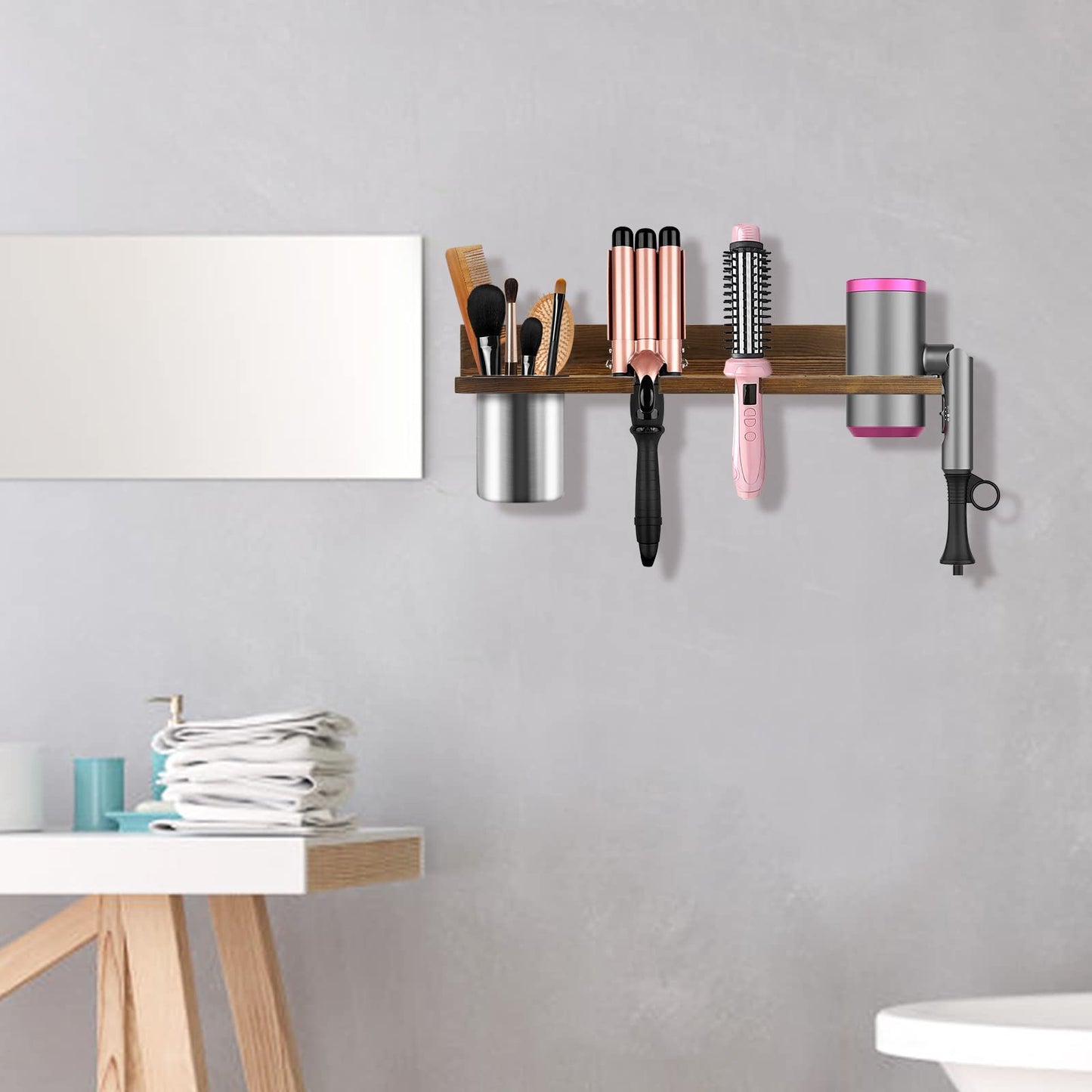 Wooden Hair Tool Organizer, Wall Mounted Styling Tools Organizer for Bathroom, Rustic Blow Dryer Holder for Flat Iron, Curling Wand, Straighteners (Rustic Brown)