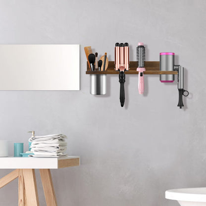 Wooden Hair Tool Organizer, Wall Mounted Styling Tools Organizer for Bathroom, Rustic Blow Dryer Holder for Flat Iron, Curling Wand, Straighteners (Rustic Brown)