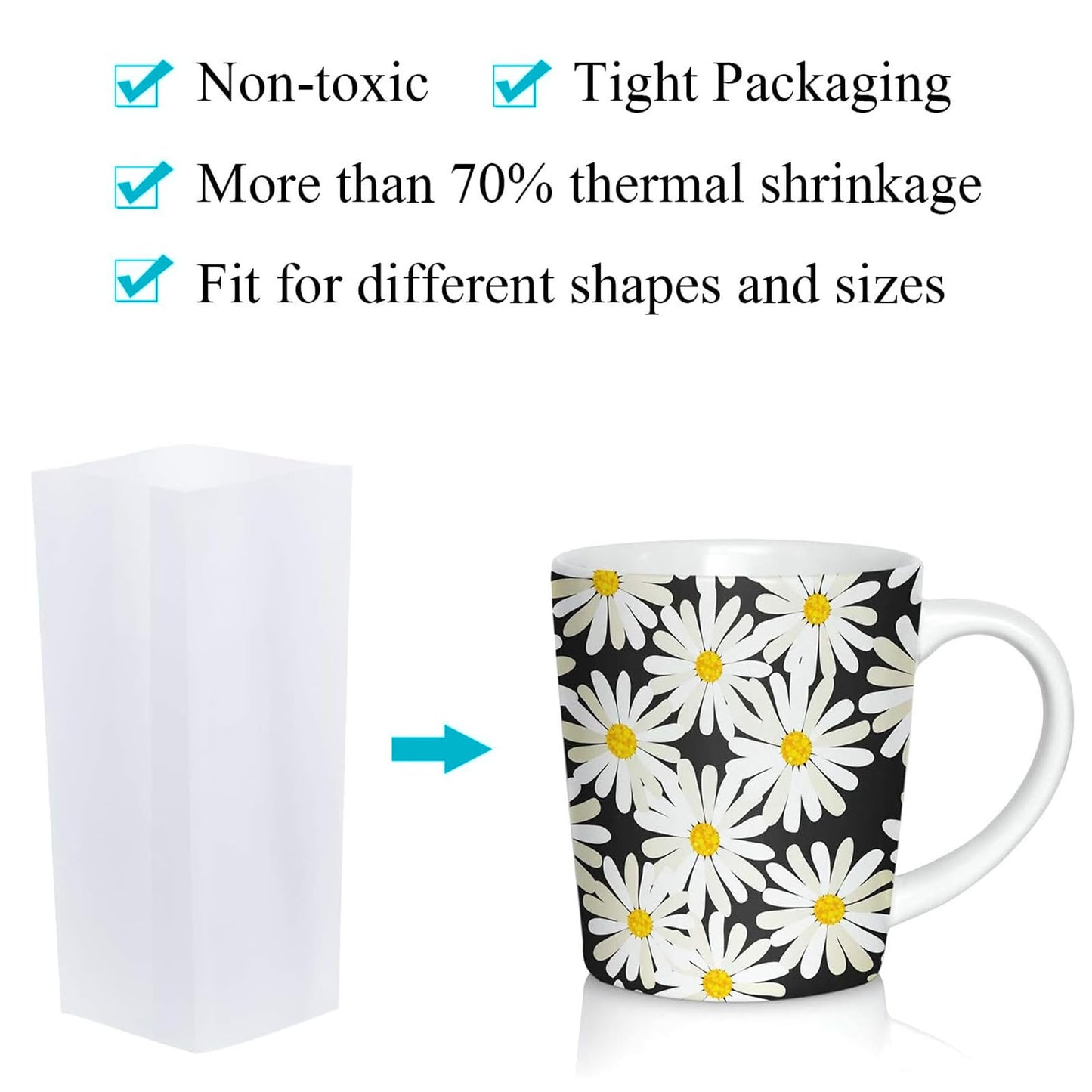 CHEUNGHAO 70 PCS Shrink Wrap Bags for Sublimation – 7 Different Sizes White Sleeves for Tumblers, Mugs, Cups, Bottles,Pen – Durable Shrink Film for Heat Press, DIY Crafts & Customizing