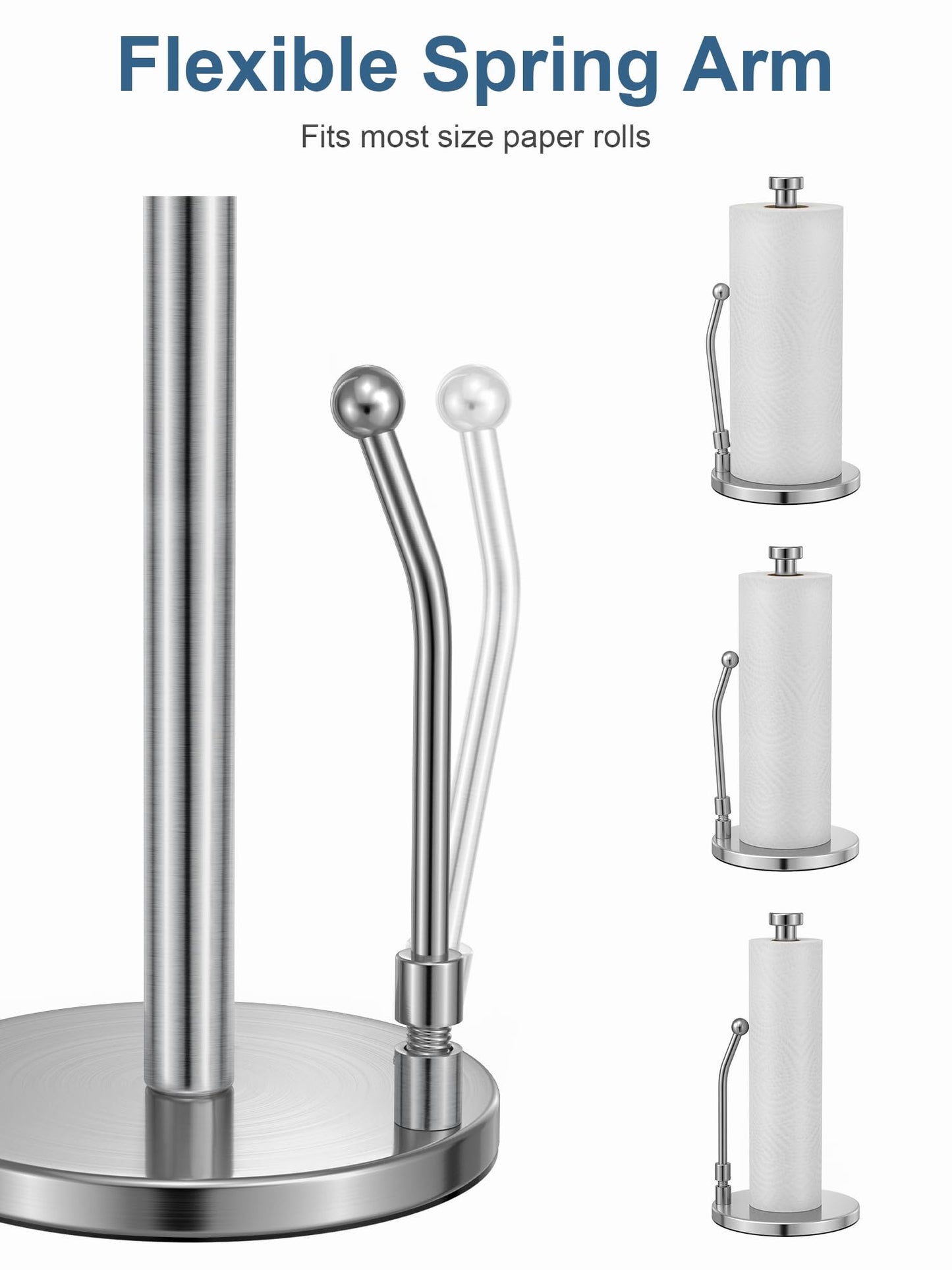 SMARTAKE Paper Towel Holder for One Hand Tear, Paper Towel Dispenser Standing Weighted Base Non Slip, Spring Arm Fit Most Size Paper Roll, Stainless Steel Paper Towel for Kitchen Countertop, Silver