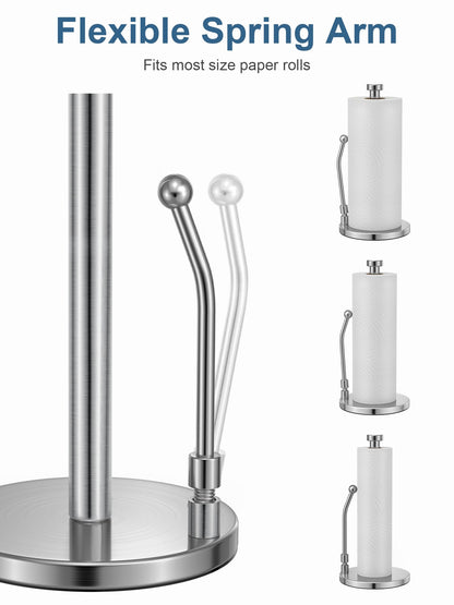 SMARTAKE Paper Towel Holder for One Hand Tear, Paper Towel Dispenser Standing Weighted Base Non Slip, Spring Arm Fit Most Size Paper Roll, Stainless Steel Paper Towel for Kitchen Countertop, Silver