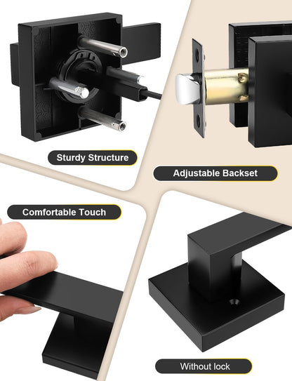 Tinewa 1 Pack No Lock Passage Door Lever, Reversible Door Handle Without Locking for Right/Left Handed Door, Matte Black Heavy Duty Square Lever Set for Interior/Exterior Use
