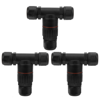 Walfront 3Pcs IP68 3 Way Waterproof Connector, Electrical Cable T Shape Outdoor Junction Box for Outdoor LED Deck Light Wire Range Ø5-10mm