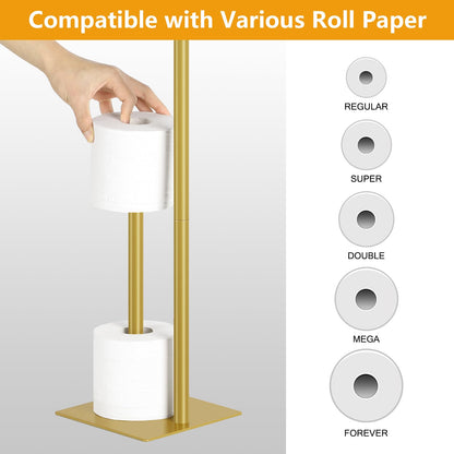 Toilet Paper Holder Stand Flash Gold Free Standing TP Holder, Metal Toilet Paper Roll Holder with Reserve Bathroom Tissue Storage Holder, Beige Gold