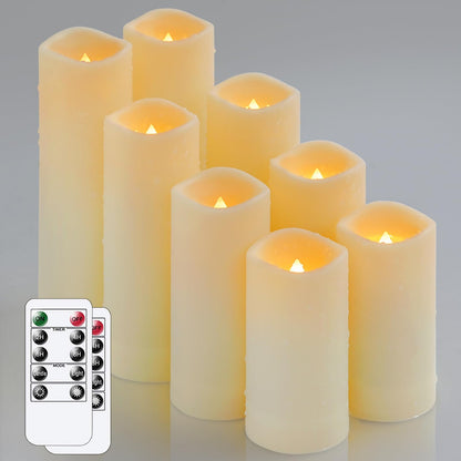 Yeelida Waterproof 8pcs Flameless LED 2.2" x4" 4" 5" 5" 6" 6" 7" 7" Candles with 2 Remotes & Daily Timer, Battery Operated Fake Exterior Ivory Plastic Long Lasting Pillar Candles for Outdoor Use
