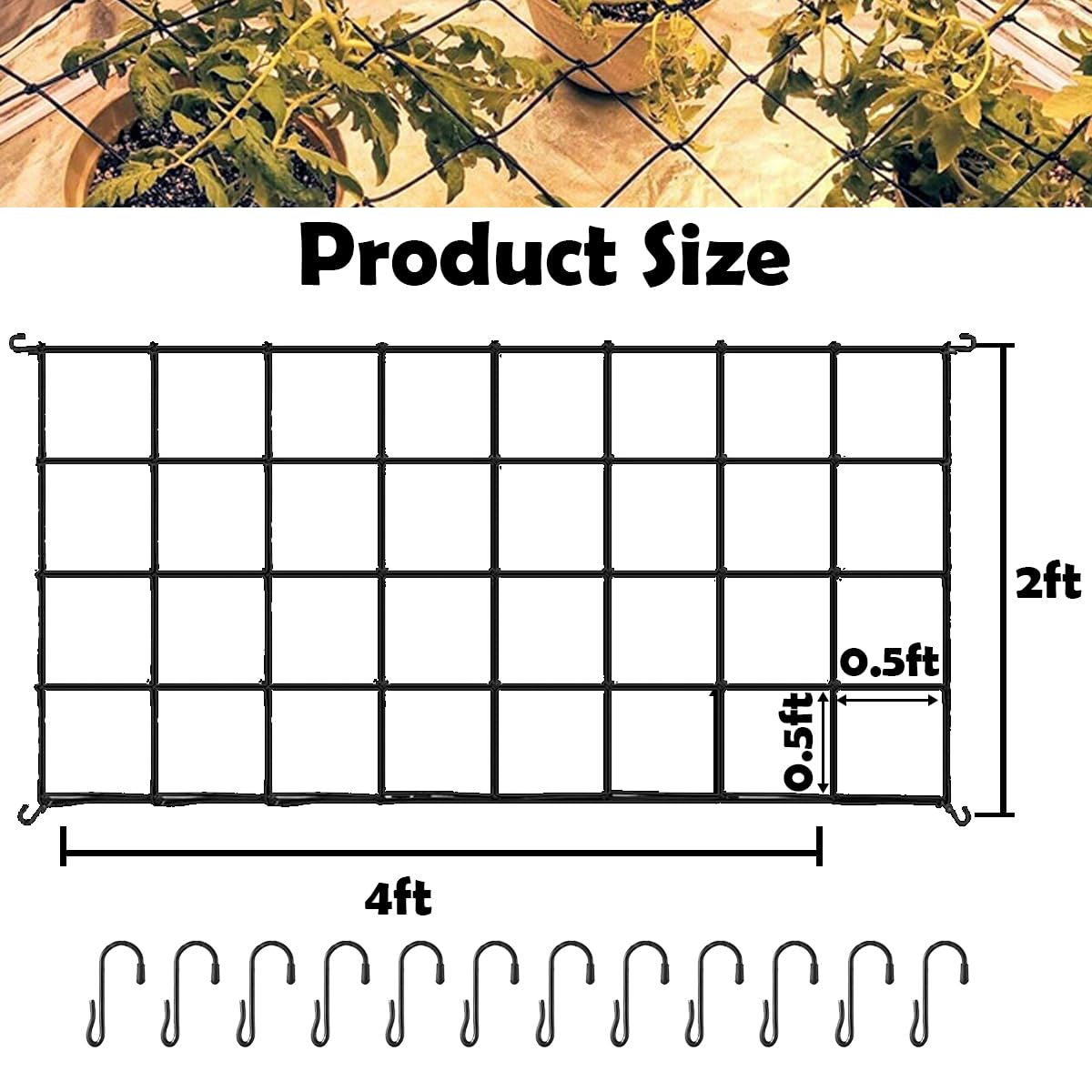 Voittozege 4 Pack Grow Tent Trellis Netting, 2 x 4Ft Elastic Plant Net with 12 Hooks Heavy-Duty Flexible Hydroponics Support for Climbing Plants, Vegetables, Fruits, Gardening, Indoor Plants (Black)