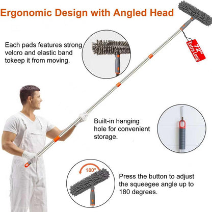 Window Cleaning Tools Window Squeegee: with Extendable Pole 72 Inch - Microfiber Scrubber - for Indoor & Outdoor Glass, Car,High Windows