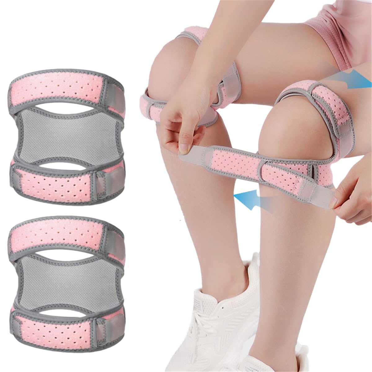 Patellar Tendon Support Strap, Dual Knee Brace with Silicone Insert, Adjustable Compression Neoprene Knee Strap for Running, Arthritis, Jumper, Tennis Injury Recovery - 1 Pair, Pink