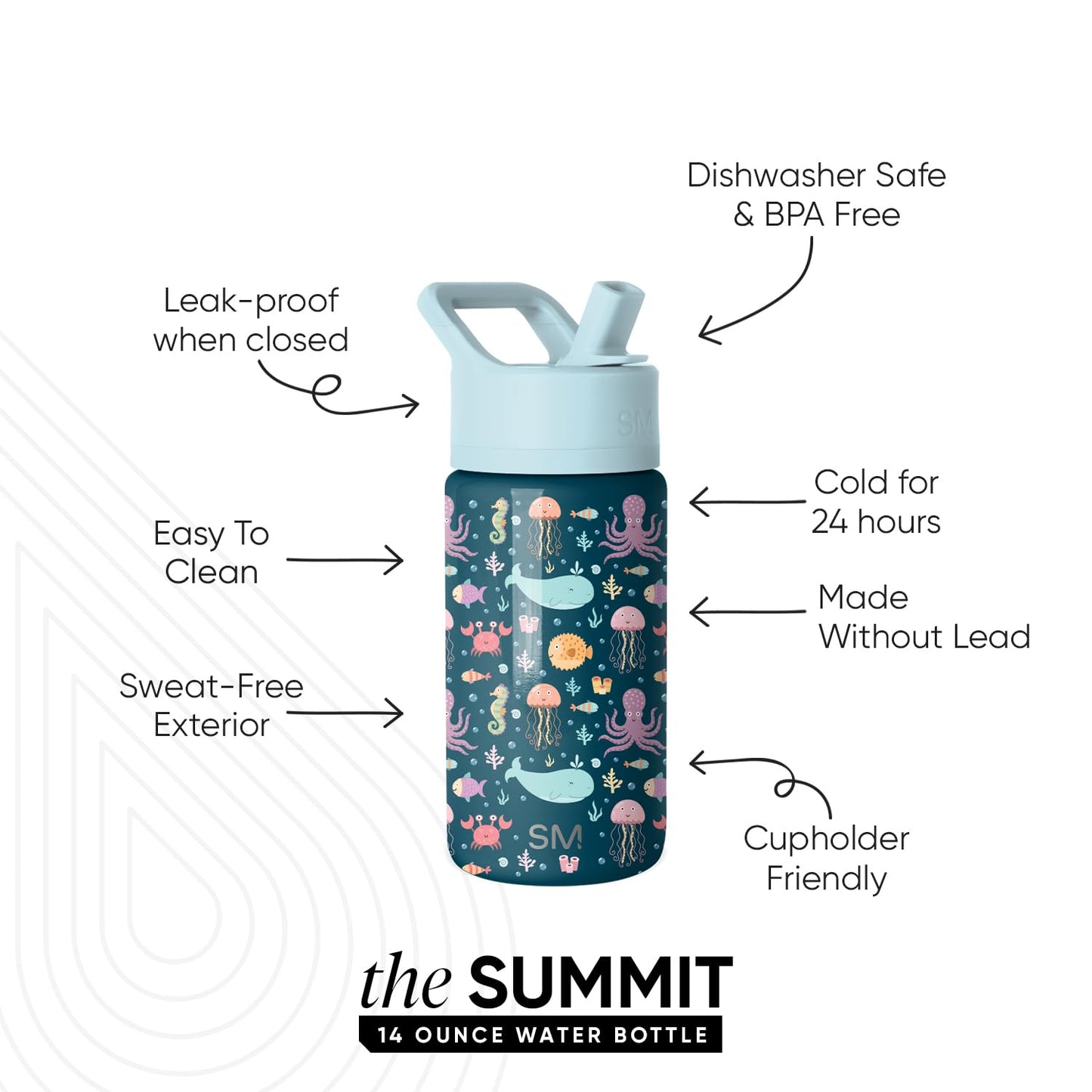 Simple Modern Kids Water Bottle with Straw | Insulated Stainless Steel Reusable Tumbler for School, Girls, Boys | Summit Collection | 14oz | Under The Sea