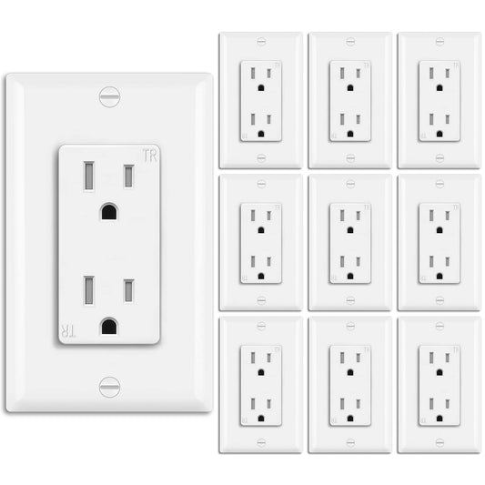 BESTTEN 10 Pack - 15 Amp Tamper-Resistant Decor Receptacle Outlet, Standard Electrical Wall Outlet, Decorator Wall Plate Included, Residential and Commercial Grade, 15A/125V/1875W, cUL Listed, White