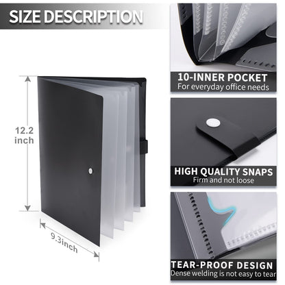 Cesil 5 Packs 10-Pocket File Folder, Letter A4 Paper Project Organizer Folders with Snap Button, Plastic Document Organizer for School Office Home