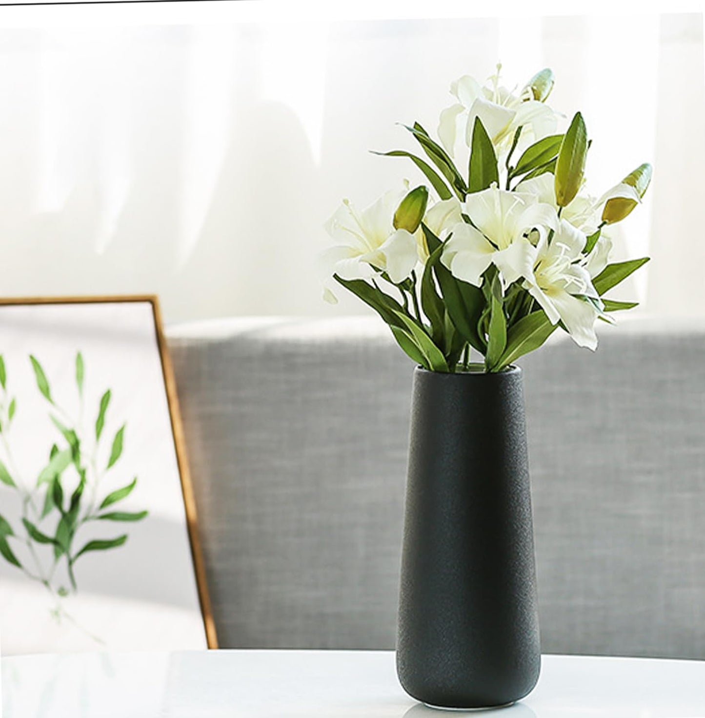 11 Inch Tall Matt Black Ceramic Vases for Flowers & Pampas Grass, Classic Rustic Style Decorative Vase for Home Decor Table Centerpieces