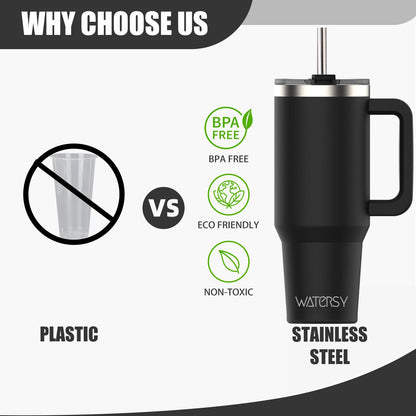 WATERSY 40 oz Tumbler with Handle,Tumbler with Lid and Straw,Double Wall Insulated Cup Stainless Steel Travel Mug(Cold for 34 Hours),Water Bottle for Iced Tea,Coffee,Cold Beverages(Black)