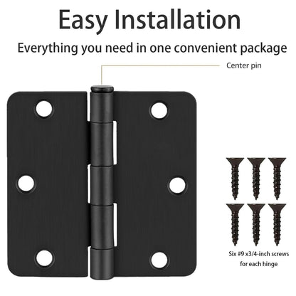 6 Pack Matte Black Door Hinges 3x3 Inch Standard Bedroom Black Hinges for Interior Doors Rounded 1/4" Radius Corners Iron Hinge Door Round Hinge Hardware