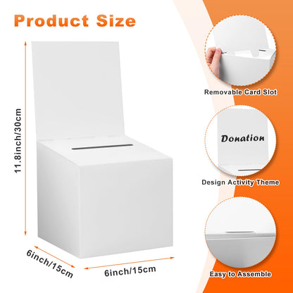 12 Pcs Ballot Box Raffle Donation Box for Fundraising, 6 X 6 X 6 Inch Cardboard Raffle Ticket Box with Slot Suggestion Box Removable Header for Collecting Business Card Voting (White)