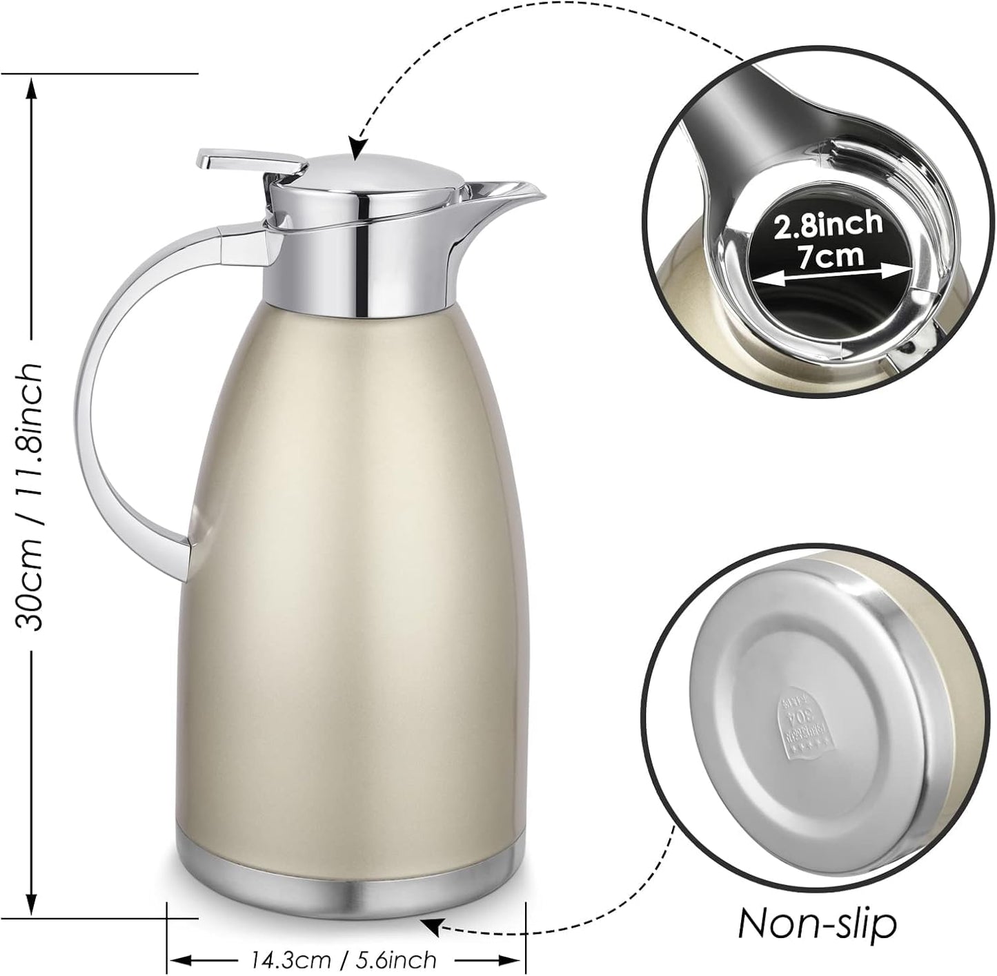 Asiulalt 2.3L/ 78oz Stainless Steel Thermal Carafe, Coffee Carafe Jugs with Lid, Double Walled Vacuum Insulated Coffee Pot with Press Button Top for Coffee/Juice/Milk/Tea etc (Golden)