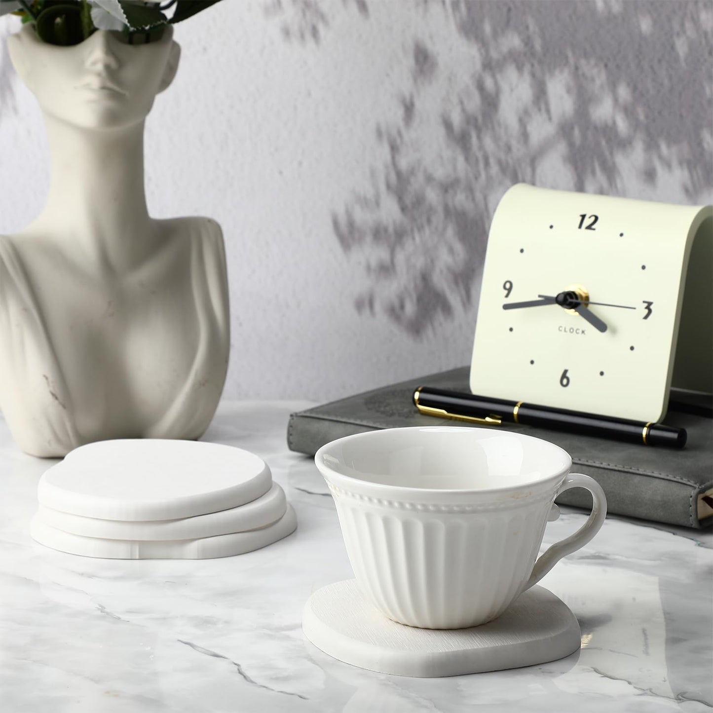 Diatomaceous Earth Coasters Set of 4，Cool Absorbent Quick-Dry Drink Coasters for Desks, Cute Modern Stone Design with Stylish White Aesthetic (White, 8)