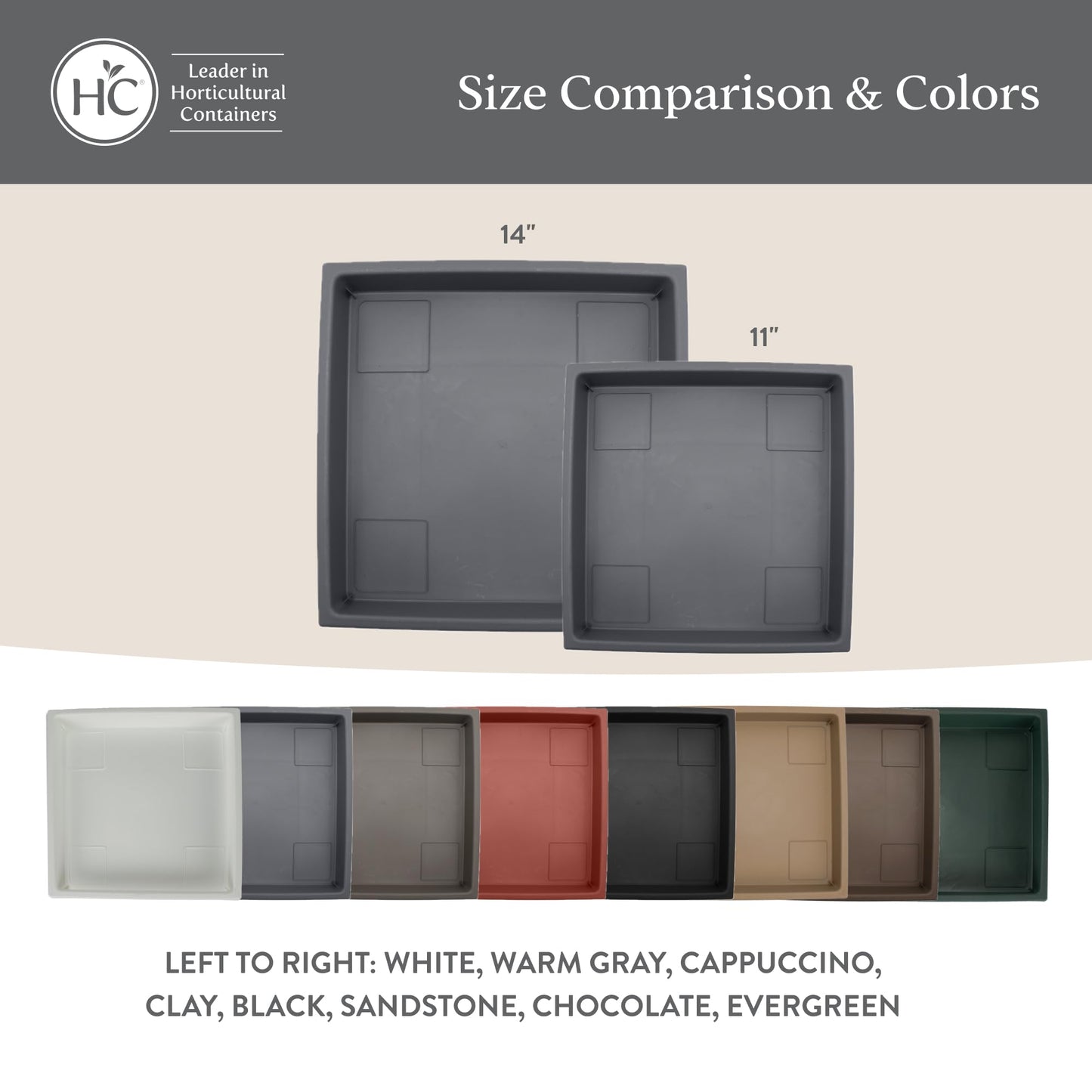 The HC Companies Accent Square Plant Saucer - Durable Plastic Trays For Plants - Stylish Square Tray For Water Drainage - UV Resistant Planter Saucer For Indoor And Outdoor Use (14”, White, Pack of 2)
