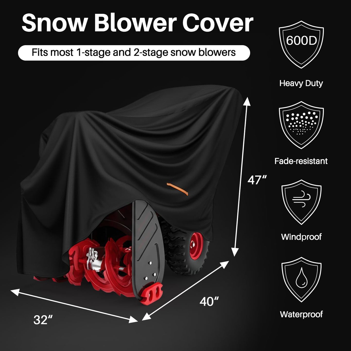 Snow Thrower Cover Waterproof Heavy Duty Oxford Snow Blower Cover with Windproof Buckles and Elastic Cord for Outdoor Electric All Weather Protection (Black, 120 x 81.5 x 101.6 cm)