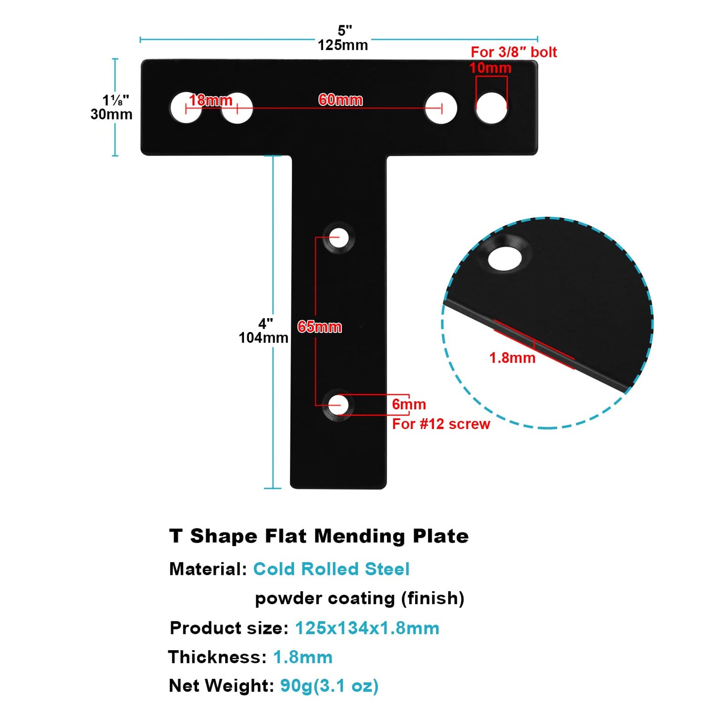OTTFF 10 Pack 5" x 5-1/8" Black T Tie Plates, Flat Mending Plate, Steel Repair Strap Bracket