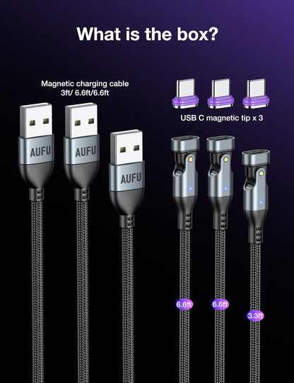 AUFU 16PIN Magnetic USB C Charging Cable (3Pack, 3.3/6.6/6.6ft), 180° Rotation Magnetic Charging Cable/Magnetic USB C Cable/Magnet Phone Charger/Date Transfer Cable for 1Phone16/15/Tablet/Laptop